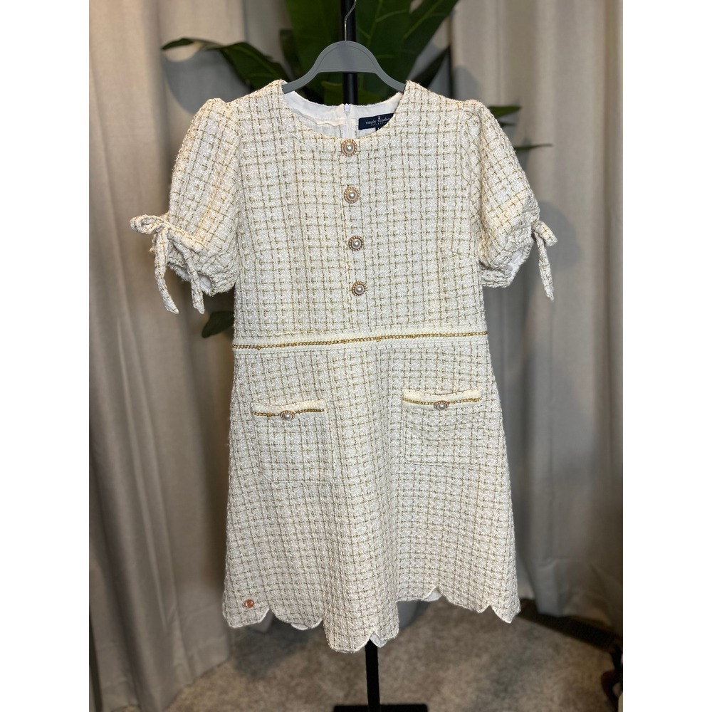 Simply Southern Cream Gold Metallic Tweed Scalloped Hem Pearl Button Dress L